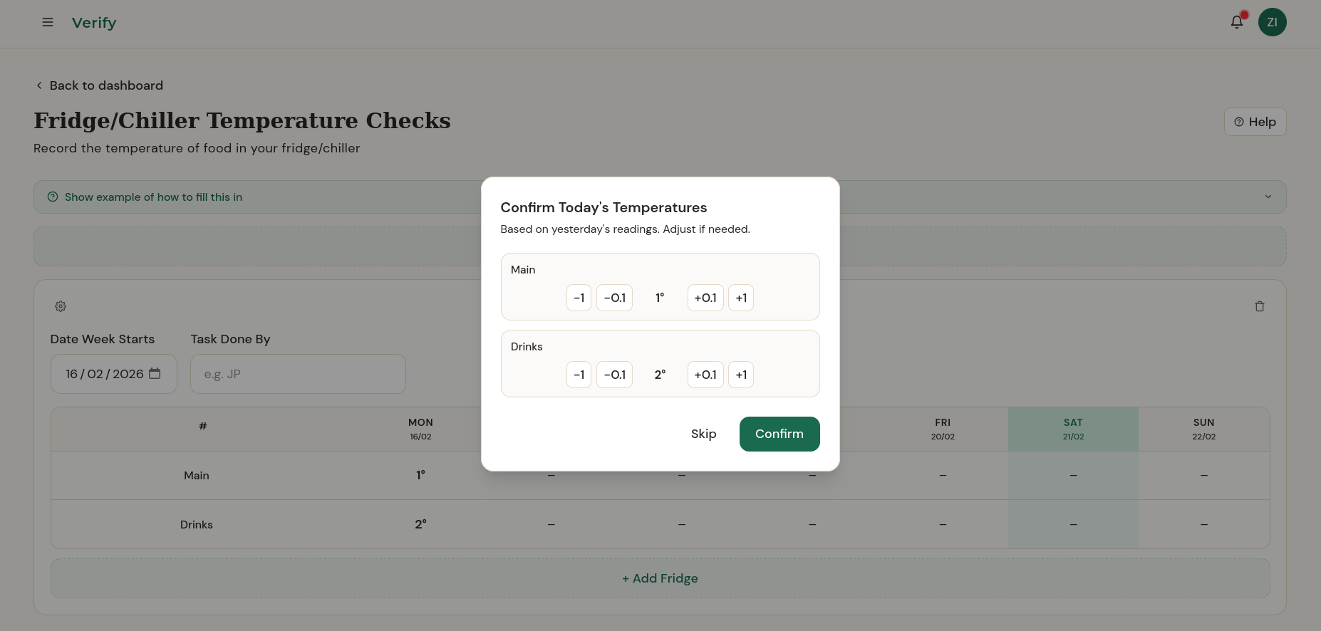 Fridge temperature check with one-tap confirmation based on yesterday's readings
