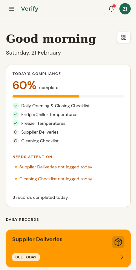 Verify mobile dashboard showing compliance progress